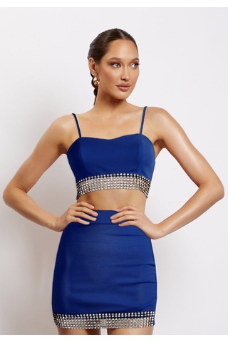 Ergü Saks Mavisi İp Askılı Arkası Brit Bağlamalı Taş Aksesuarlı Kadın Crop Etek Takım Ergü1519-2