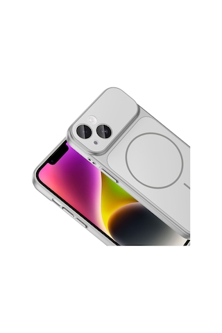 Apple Uyumlu iPhone 13 Kılıf Şarj Özellikli Kamera Lensli 1.8mm İnce Sert Formen Kapak Gümüş