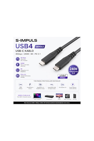 S-ımpuls Usb-c Usb4 Gen 3x2 Kablo 240w 40gbps, Pd 3.1, 8k Video Destekli, Thunderbolt 3/4 Uyumlu 2 Metre
