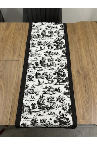 Toile De Jouy Monet Runner 40x110 Cm %100 Pamuk Dijital Baskılı Masa Örtüsü Country Tarzı Fransız Desen Masa Dekoru - Zt710 Siyah
