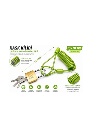 Yeşil Motosiklet Kask Güvenlik Kilidi Çelik Halatlı Spiral Kablo 3 Anahtar Yeşil