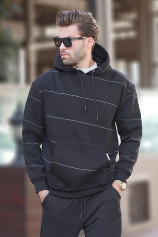 Madmext Siyah Kapüşonlu Cep Detaylı Çizgili Erkek Sweatshirt 7063 Siyah