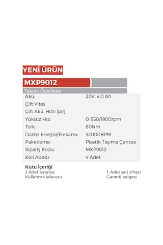 Max Extra Mxp9012 - 80 Nm Akülü Darbeli Matkap Vidalama - 20 Volt - 4 Amper