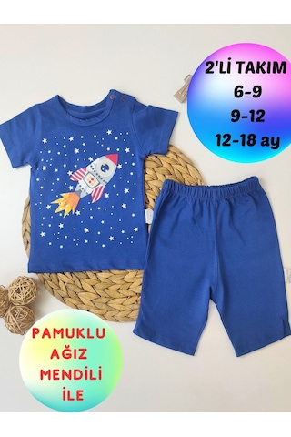 2'li Erkek Bebek Takım Indigo Roketli Şortlu 3-6-9-12 Ay Bebek Takımları Kıyafetleri Bebek Giyim İndigo