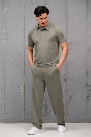 Mass Plus Regular Fit Likralı Kendinden Çizgili Yarım Baggy Pantolonlu T-shirt Takım Yeşil