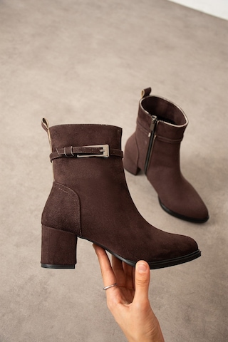 Dabab Shoes Lunara Kadın Kahve Süet Tokalı Topuklu Kısa Konç Bot Bootie Kahverengi