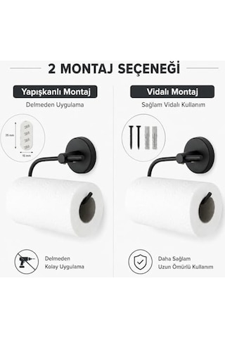 Lotus Siyah Kağıt Havluluk, Yapışkanlı Ve Vidalı Montajlı Rulo Havlu Askısı, Mat Siyah Statik Boyama, 35 Mm Oval Bantlı Mutfak Ve Banyo Kağıt Havlu Tutucu Diğer