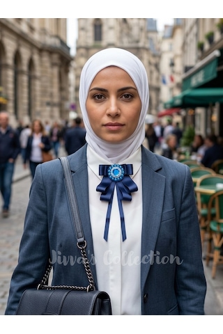 Kadın Fiyonk Broş-lacivert. Mavi Taş Ve Boncuk Detaylı. Kadın Kravat Broş Kurdele. Yaka İğnesi