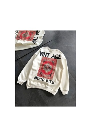 Butik İstanbul Bisiklet Yaka Üç İplik Baskılı Oversize Sweatshirt - Beyaz