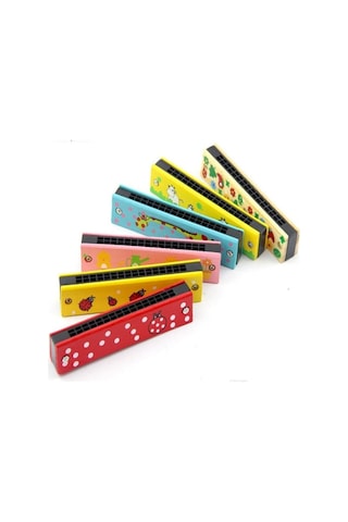 Ahşap Mızıka 16 Delikli Çift Sıralı Renkli Desenli Çocuk Mızıkası