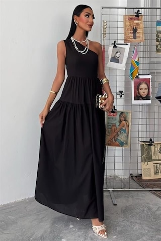 Tek Omuzlu Pile Detay Maxi Elbise 2895 S