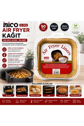İbico İ22-463 Air Fryer Pişirme Kalıp Kenar: 4.5cm Kare Taban: 20cm 50 Adet Kağıt Diğer