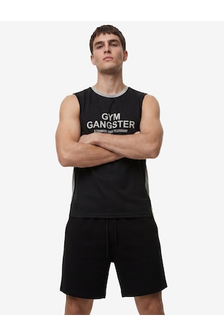 Koton Regular Fit Renk Bloklu Kolsuz Bisiklet Yaka Baskılı Spor Atlet Siyah 6sam30040nk