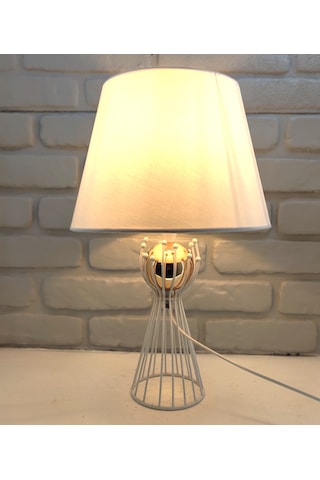 Beyaz Gold Renk Toplu Sude Model Metal Ayak Kumaş Şapkalı Abajur Beyaz
