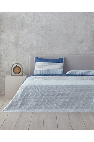 English Home Sleek Stripes Çift Taraflı Tek Kişilik Yatak Örtüsü Takımı Mavi Mavi