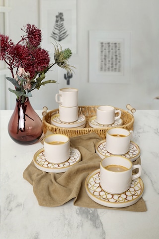 Keramika Worn Gold Stackable Çay Takımı 12 Parça 6 Kişilik