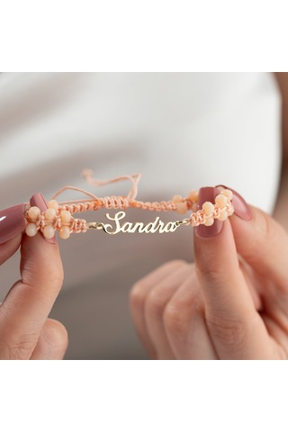 Vaoov 925 Ayar Gümüş Boncuklu Makrome Örme İsim Bileklik Altın