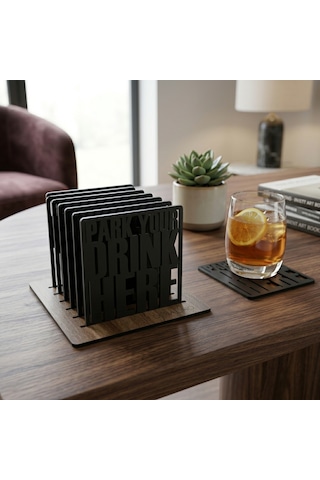 Doalino Premium Ahşap Bardak Altlığı Seti 6'lı Stantlı Park Your Drink Here Siyah