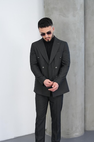 Dupont Classics Dupont Slim Fit Sivri Yaka 6 Drop Çift Yırtmaç Çizgili Viskon Kruvaze Erkek Takım Elbise Antrasit - Gri