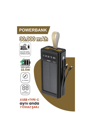 30.000 Mah Powerbank Güneş Enerjili Solar Hızlı Şarj Göstergeli El Fenerli Taşınabilir Batarya 22.5w Siyah