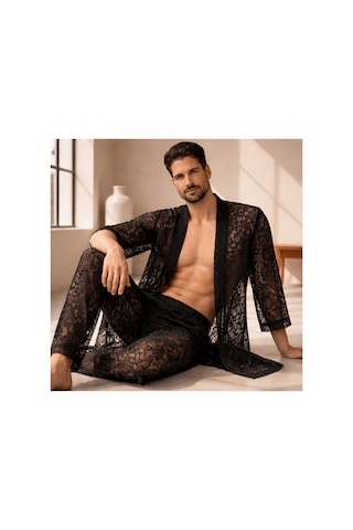 Qmen Style Erkek Kimono Takımı 3 Lü Dantel Set Bornoz + Pantolon + Şort Siyah