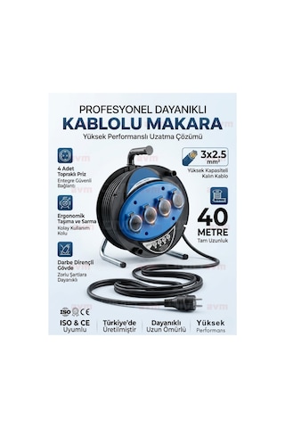 Seyyar Kablo Makarası 3x2.5 Mm 40 Metre 4'lü Topraklı Priz Uzatma Kablosu 40 M
