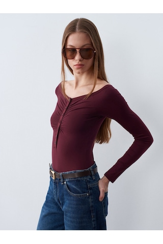 Dilvin 32661 Düğme Detaylı Bodysuit-bordo