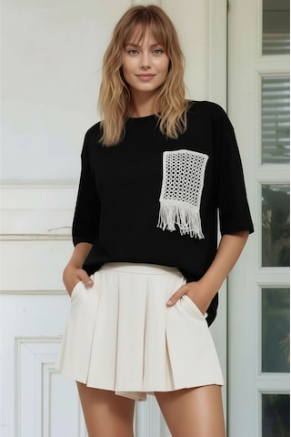 Mamayaga Kadın Bisiklet Yaka Yarım Kol Basic Pamuk Düz Cep Örgü Curve Büyük Beden Tshirt Siyah 54 - 56