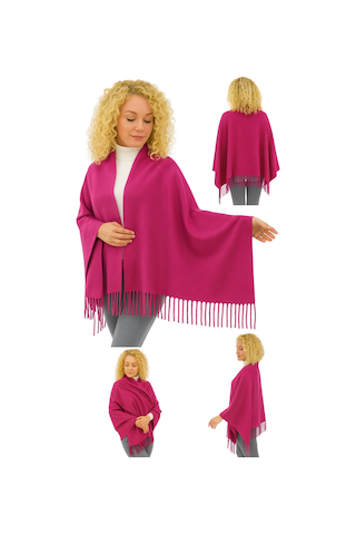 1 Adet Kadın Büyük Bedene Uygun Ekstra Yumuşak Dokulu Püskül Detaylı Kışlık Atkı Omuz Şalı Fuşya