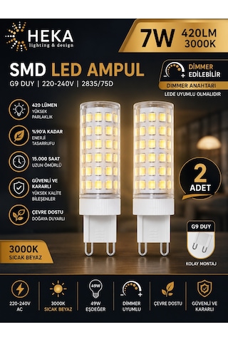 2 Adet Heka 7w Günışığı 3000k G9 Duylu Dim Edilebilir Led Kapsül Ampul