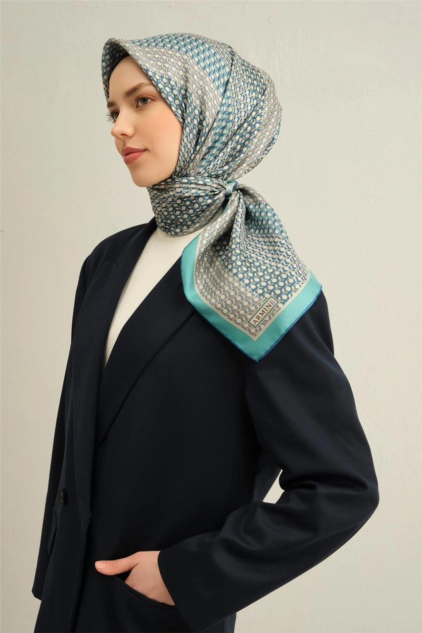 Armine Klasik Desenli Saf İpek Twill Eşarp 9319d 50 Yeşil