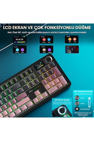 Aula F108 Pro Ekranlı Mekanik Klavye Graywood V3 Switch Rgb Hot Swap 8000mah Makrolu Oyuncu Klavyesi Gradyan Pembe