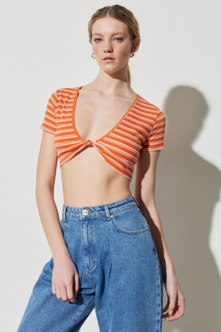 Regular Fit Normal Kesim V Yaka Çizgili Crop Bluz Turuncu