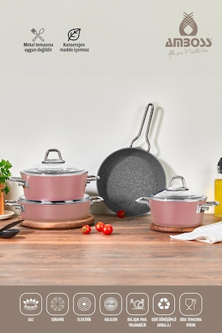 Amboss Crystal 7 Parça Granit Çift Renkli Tencere Seti - Rose Gold