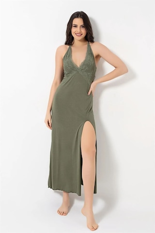 Monamise 18493 Kadın İp Askılı Göğüs Ve Sırt Dekolteli Dantelli Yırtmaçlı Gecelik -haki Haki