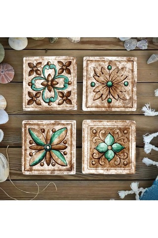 Baskılı Doğaltaş Bardak Altlığı 4'lü Set - Hint Desenli Doğal Taş Bardak Altı Çok Renkli