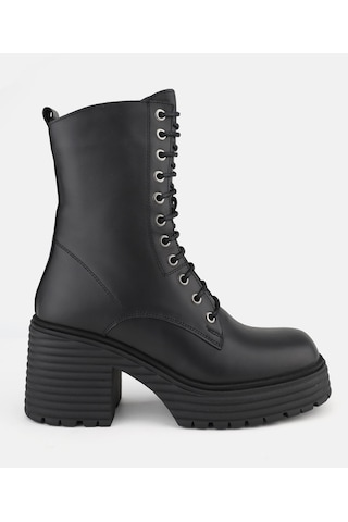 Kadın Siyah Hakiki Doğal Deri Bağcıklı Bot & Bootie Siyah