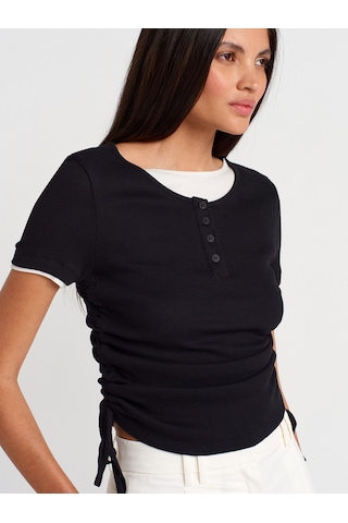 Dilvin 31816 Çift Katlı Büzgülü T-shirt-siyah SIYAH