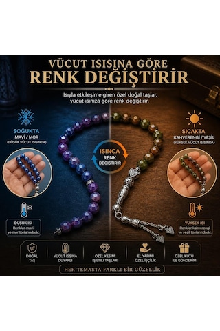 His Taşı Vücut Isısına Göre Renk Değiştiren Tesbih Doğal Taş Bukalemun Tesbih Özel Kesim, El Yapımı, Şık Hediyelik Pembe