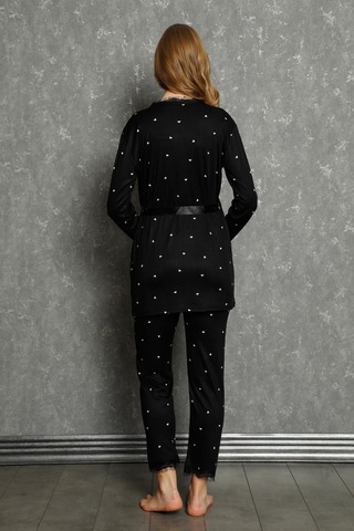 İbrahim Burak Etiler Collection Moda Çizgi Kadın %100 Pamuk 3'lü Sabahlık Pijama Takım 16103 Siyah