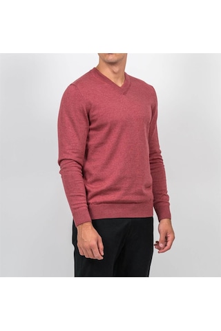 Erkek V Yaka Triko Slim Fit Pamuklu Kazak Ncs Jeans 3002-Kırmızı Melanj