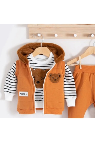 3-18 Ay Erkek Bebek Takımı Peluş Ayıcık Kapişon 3'lü Turuncu
