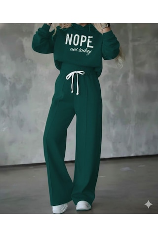 Tua Moda Kadın Uzun Kollu Nope Baskılı Beli Ribanalı Ikili Takım Yeşil