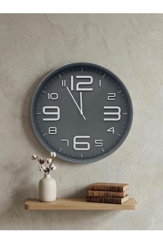 Dekoratif Duvar Saati 50 Cm Sessiz Mekanizmalı Antrasit Çerçeve Kabartma Rakam Gümüş