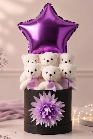 Lüks Mor Yıldız Balonlu 6'lı Peluş Ayıcık Hediye Kutusu Sevgiliye, Kıza Romantik Hediye