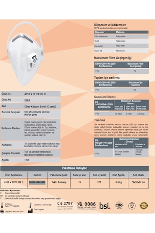 Era 4310 Ffp3 V Nr D Ventilli Toz Maskesi 270 Adet