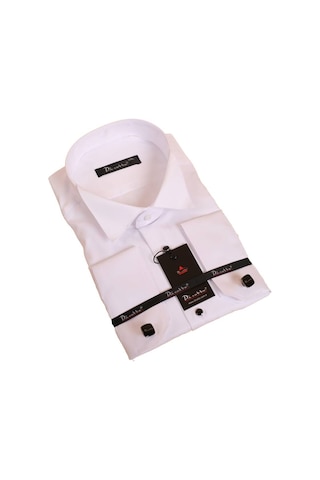 Dicotto Beyaz Büyük Beden Siyah Taş Düğmeli Damatlık Ata Yaka Kol Düğmeli Slim Fit Smokin Gömlek - 090 001