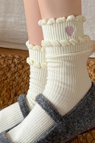 Kadın 5 Çift Premium Kalite Dantel Kalp Desenli Çift Katmanlı Kore Tarzı Soket Çorap Beyaz - Yeşil