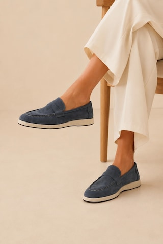 Sovenso Suede Hakiki Deri Mavi Süet Loafer