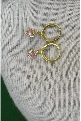 Kadın Gold Renk Kalpli Zirkon Taşlı Minimal Küpe Pembe
